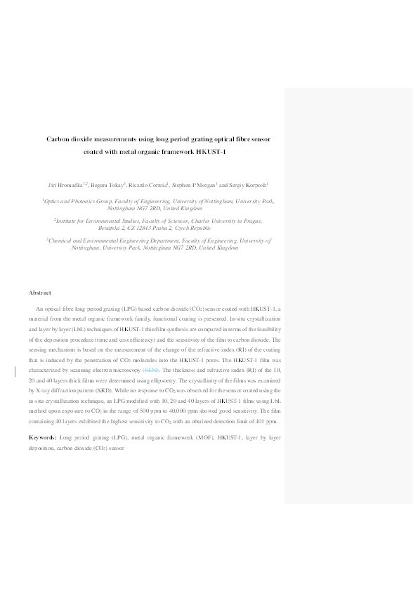 Carbon dioxide measurements using long period grating optical fibre sensor coated with metal organic framework HKUST-1 Thumbnail