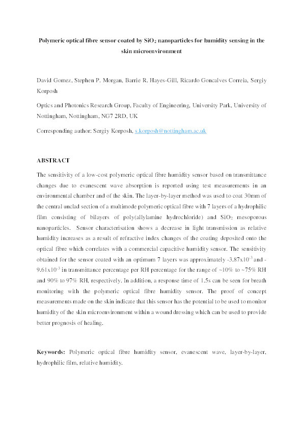 Polymeric optical fibre sensor coated by SiO2 nanoparticles for humidity sensing in the skin microenvironment Thumbnail