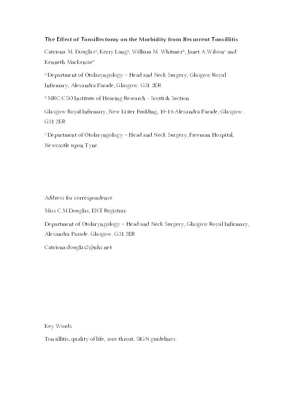 The effect of tonsillectomy on the morbidity from recurrent tonsillitis Thumbnail