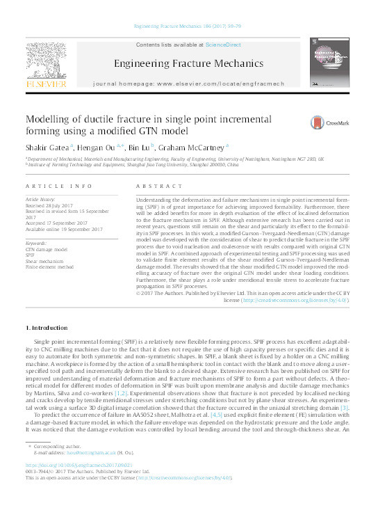 Modelling of ductile fracture in single point incremental forming using a modified GTN model Thumbnail