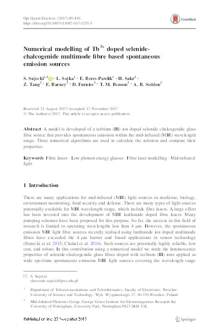 Numerical modelling of Tb3+ doped selenide-chalcogenide multimode fibre based spontaneous emission sources Thumbnail