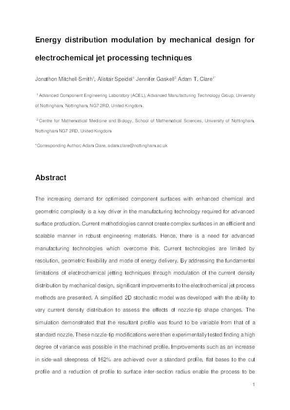 Energy distribution modulation by mechanical design for electrochemical jet processing techniques Thumbnail