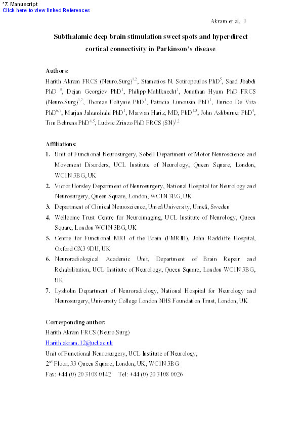 Subthalamic deep brain stimulation sweet spots and hyperdirect cortical connectivity in Parkinson’s disease Thumbnail