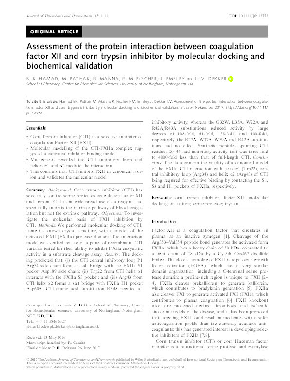 Assessment of the protein interaction between coagulation factor XII and corn trypsin inhibitor by molecular docking and biochemical validation Thumbnail