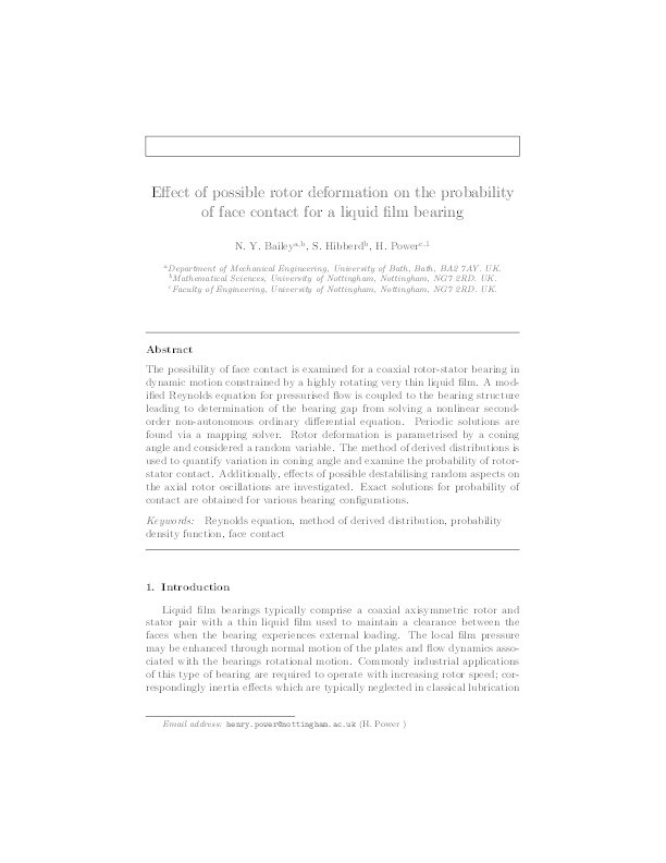 Effect of possible rotor deformation on the probability of face contact for a liquid film bearing Thumbnail