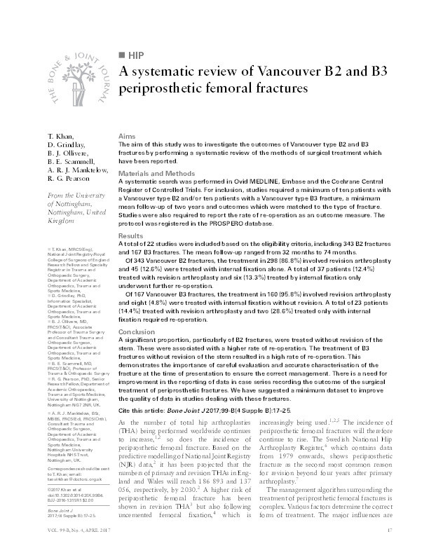 A systematic review of Vancouver B2 and B3 periprosthetic femoral fractures Thumbnail