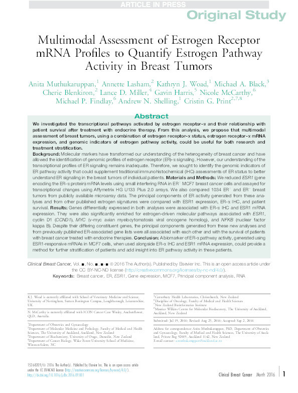 Multimodal assessment of estrogen receptor mRNA profiles to quantify estrogen pathway activity in breast tumors Thumbnail