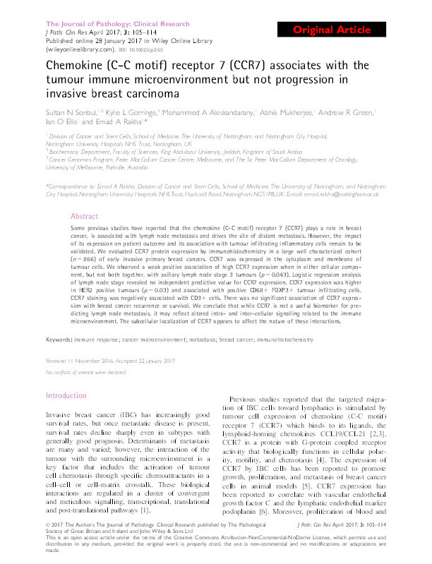 Chemokine (C-C motif) receptor 7 (CCR7) associates with the tumour immune microenvironment but not progression in invasive breast carcinoma Thumbnail