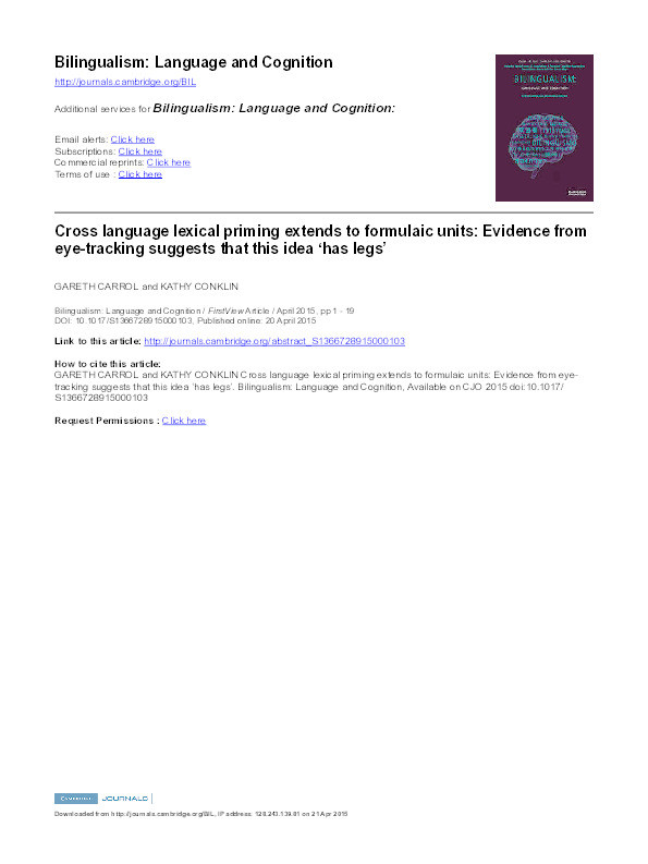 Cross language priming extends to formulaic units: evidence from eye-tracking suggests that this idea “has legs” Thumbnail