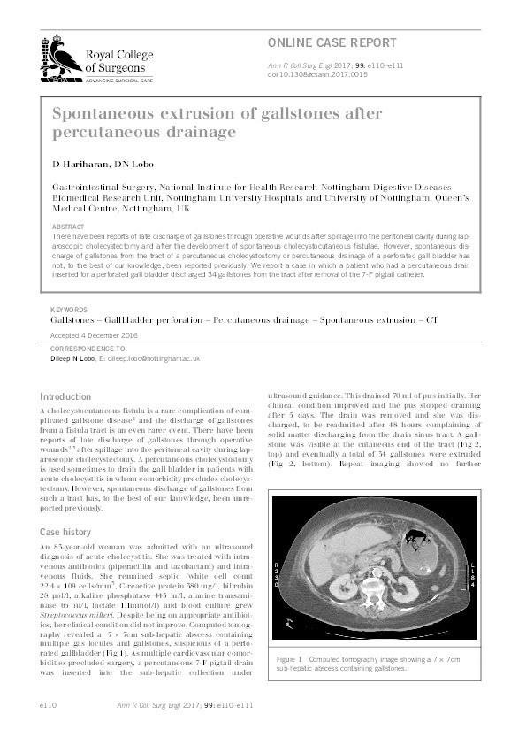 Spontaneous extrusion of gallstones after percutaneous drainage Thumbnail