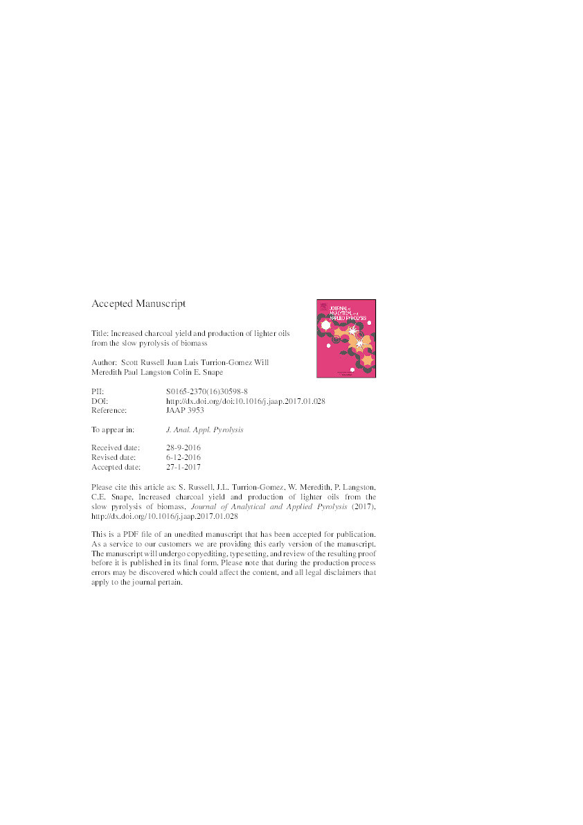 Increased charcoal yield and production of lighter oils from the slow pyrolysis of biomass Thumbnail