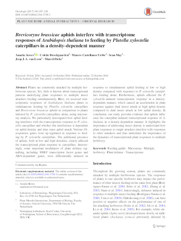 Brevicoryne brassicae aphids interfere with transcriptome responses of Arabidopsis thaliana to feeding by Plutella xylostella caterpillars in a density‑dependent manner Thumbnail