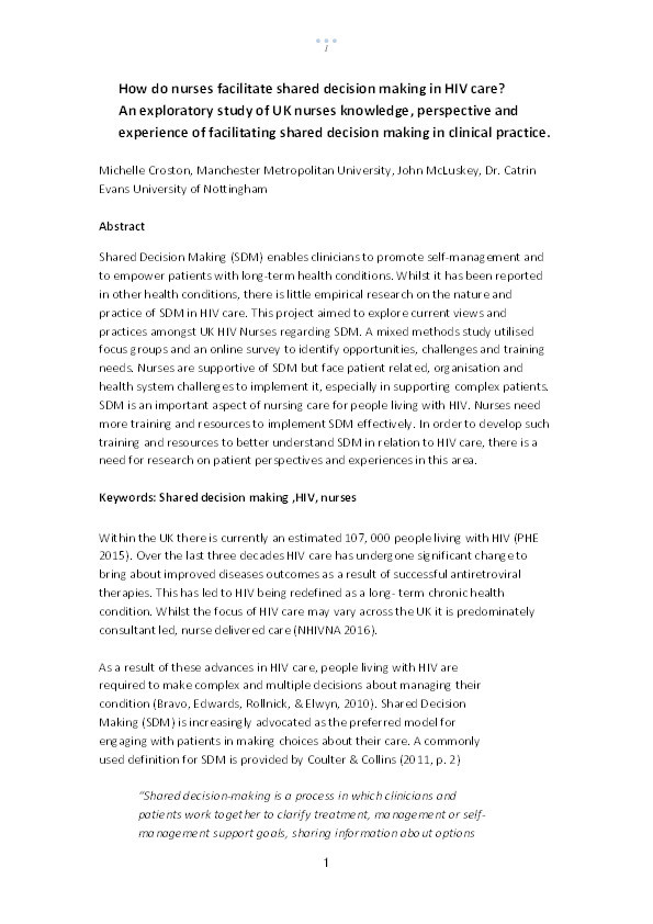 How do nurses facilitate shared decision making in HIV care?: an exploratory study of UK nurses knowledge, perspective and experience of facilitating shared decision making in clinical practice Thumbnail