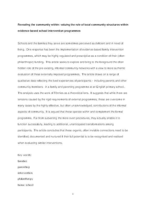 Revealing the community within: valuing the role of local community structures within evidence-based school intervention programmes Thumbnail