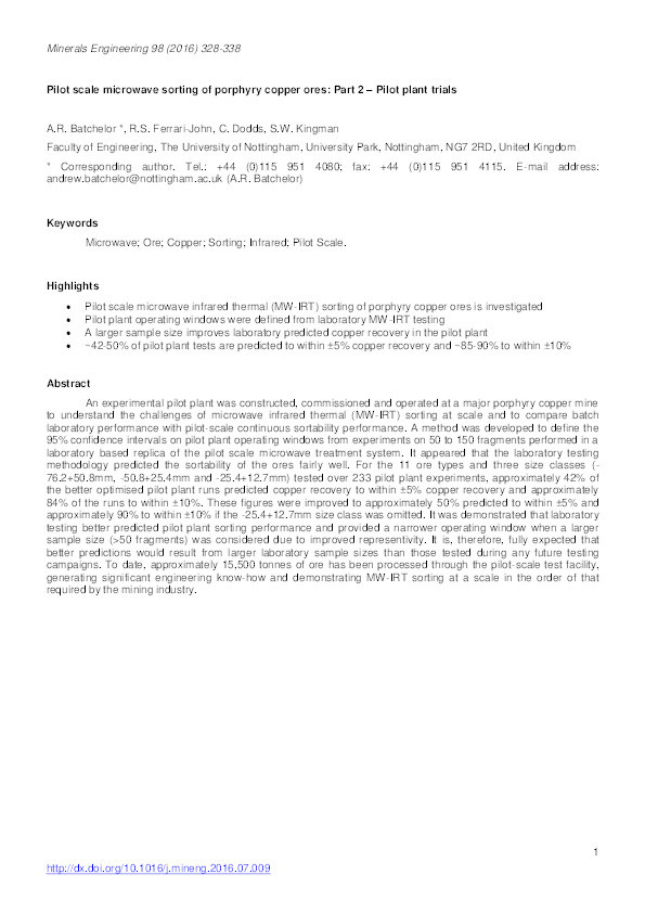 Pilot scale microwave sorting of porphyry copper ores: Part 2 – Pilot plant trials Thumbnail