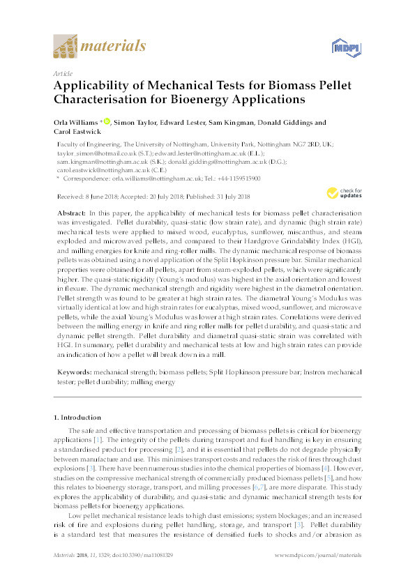 Applicability of mechanical tests for biomass pellet characterisation for bioenergy applications Thumbnail