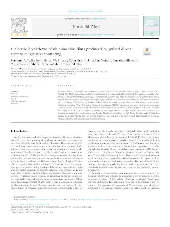 Dielectric breakdown of alumina thin films produced by pulsed direct current magnetron sputtering Thumbnail