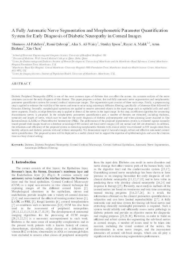 A fully automatic nerve segmentation and morphometric parameter quantification system for early diagnosis of diabetic neuropathy in corneal images Thumbnail