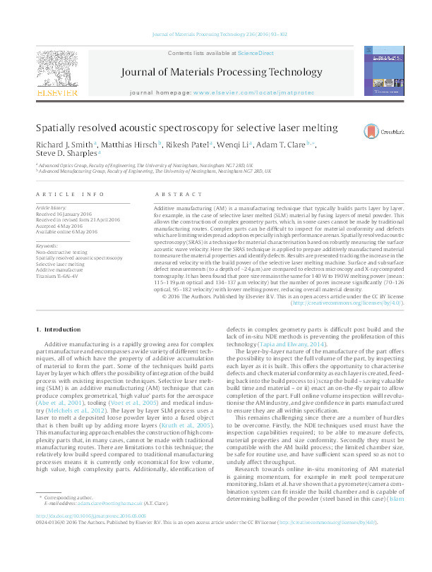 Spatially resolved acoustic spectroscopy for selective laser melting Thumbnail