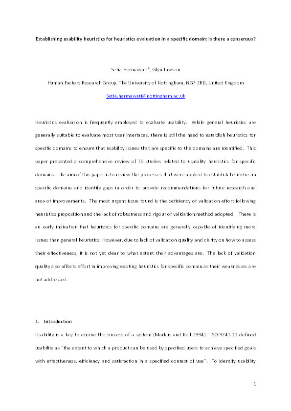 Establishing usability heuristics for heuristics evaluation in a specific domain: is there a consensus? Thumbnail