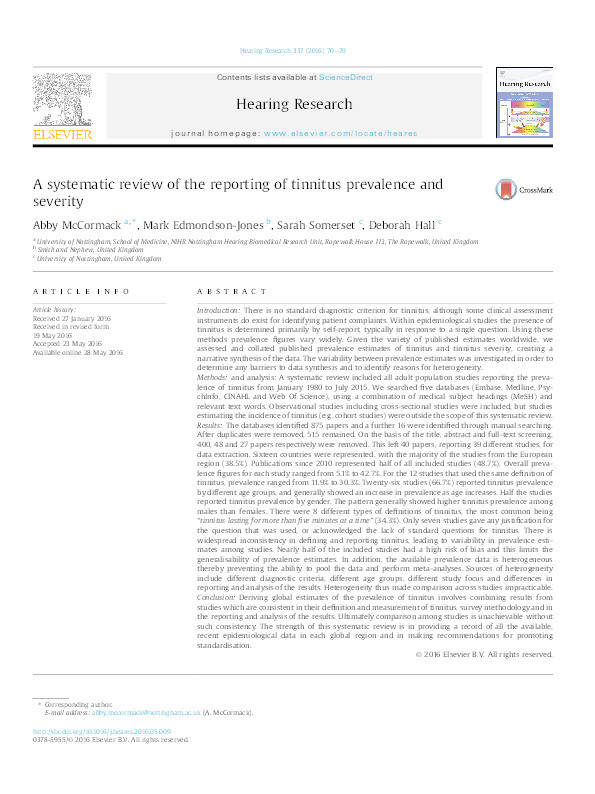 A systematic review of the reporting of tinnitus prevalence and severity Thumbnail