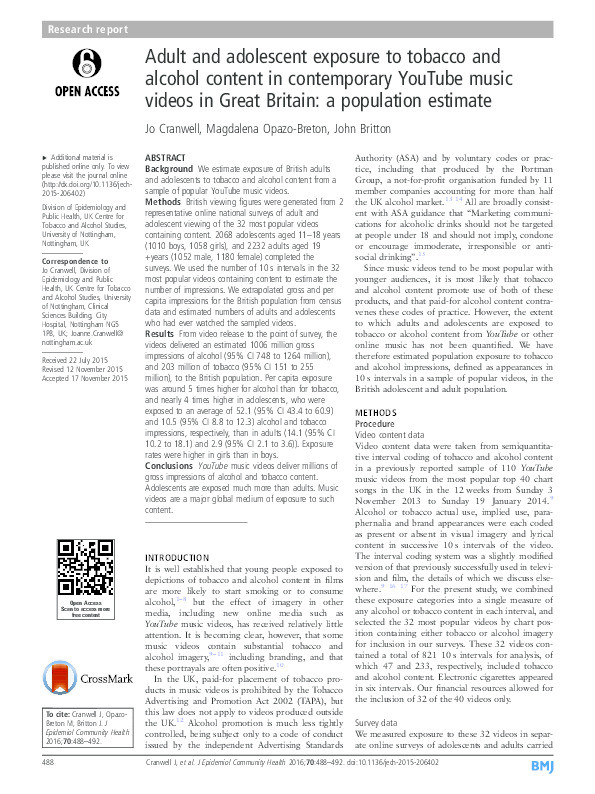 Adult and adolescent exposure to tobacco and alcohol content in contemporary YouTube music videos in Great Britain: a population estimate Thumbnail