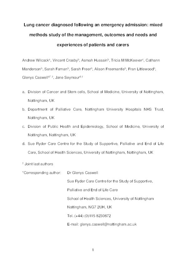 Lung cancer diagnosed following an emergency admission: Mixed methods study of the management, outcomes and needs and experiences of patients and carers Thumbnail