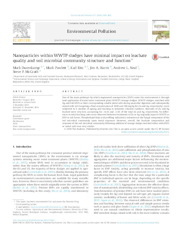 Nanoparticles within WWTP sludges have minimal impact on leachate quality and soil microbial community structure and function Thumbnail