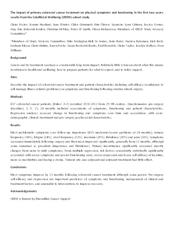 The impact of primary colorectal cancer treatment on physical symptoms and functioning in the first two years: results from the ColoREctal Wellbeing (CREW) cohort study Thumbnail