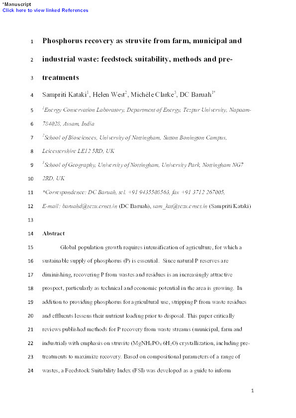 Phosphorus recovery as struvite from farm, municipal and industrial waste: feedstock suitability, methods and pre-treatments Thumbnail
