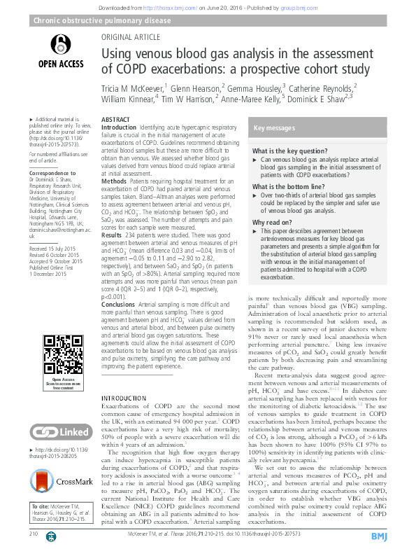 Using venous blood gas analysis in the assessment of COPD exacerbations: a prospective cohort study Thumbnail