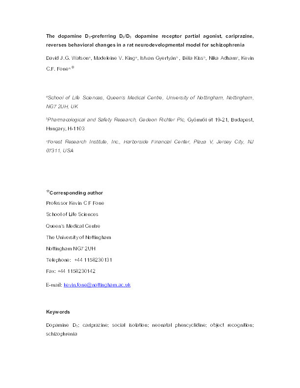 The dopamine D3-preferring D2/D3 dopamine receptor partial agonist, cariprazine, reverses behavioral changes in a rat neurodevelopmental model for schizophrenia Thumbnail
