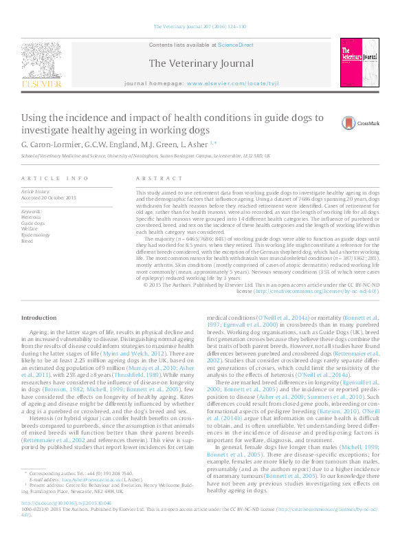 Using the incidence and impact of health conditions in guide dogs to investigate healthy ageing in working dogs Thumbnail