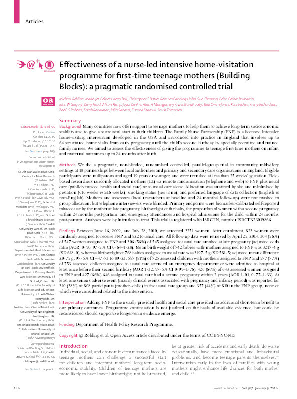 Effectiveness of a nurse-led intensive home-visitation programme for first-time teenage mothers (Building Blocks): a pragmatic randomised controlled trial Thumbnail