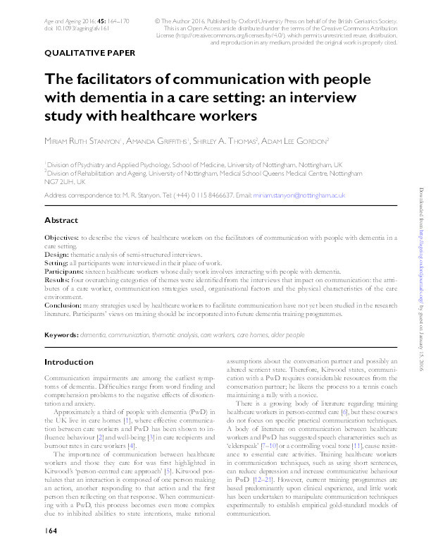 The facilitators of communication with people with dementia in a care setting: an interview study with healthcare workers Thumbnail