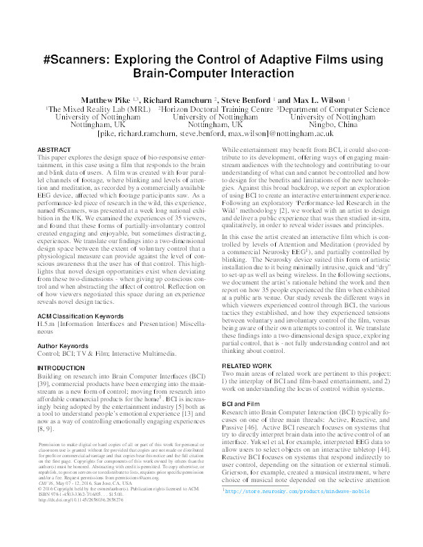 #Scanners: Exploring the Control of Adaptive Films using Brain-Computer Interaction Thumbnail