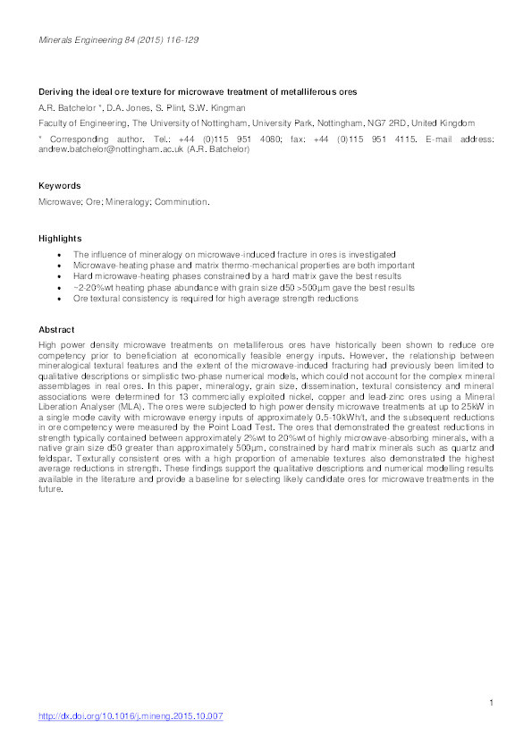 Deriving the ideal ore texture for microwave treatment of metalliferous ores Thumbnail