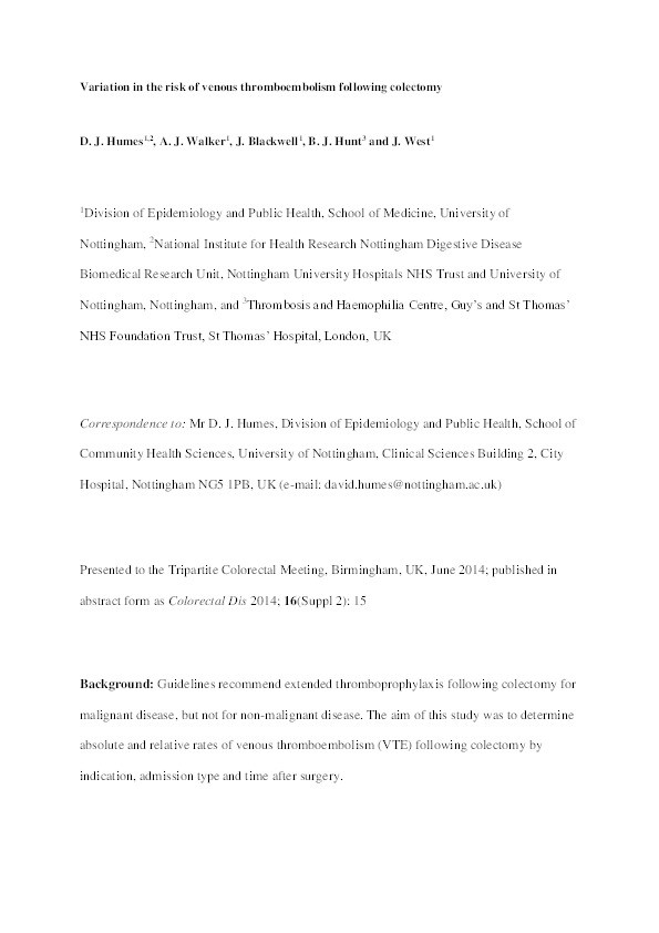 Variation in the risk of venous thromboembolism following colectomy Thumbnail