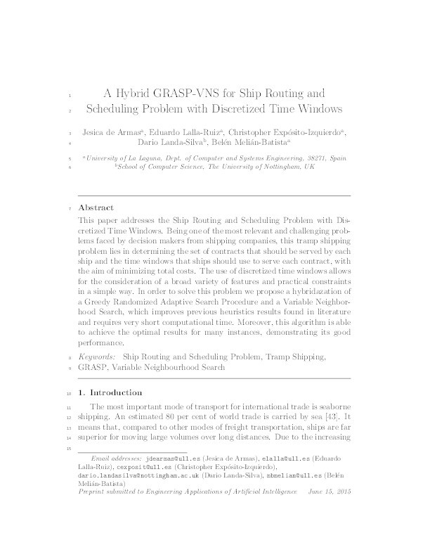 A hybrid GRASP-VNS for Ship Routing and Scheduling Problem with Discretized Time Windows Thumbnail