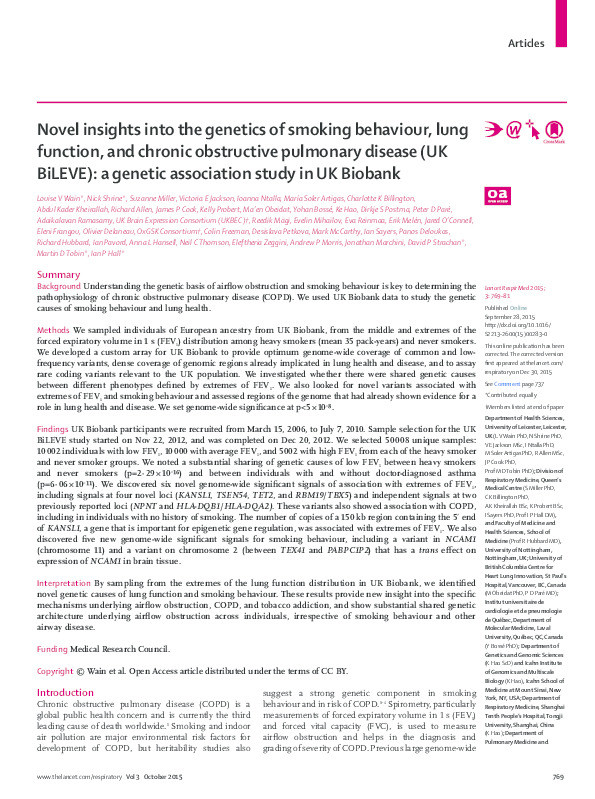 Novel insights into the genetics of smoking behaviour, lung function, and chronic obstructive pulmonary disease (UK BiLEVE): a genetic association study in UK Biobank Thumbnail