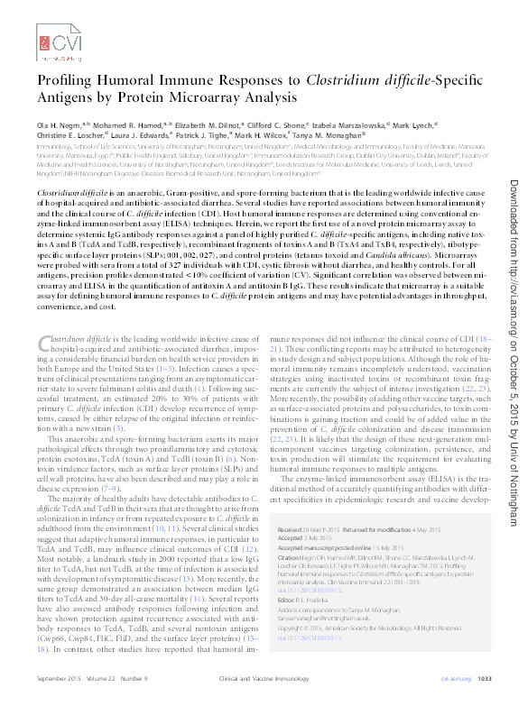 Profiling humoral immune responses to Clostridium difficile-specific antigens by protein microarray analysis Thumbnail