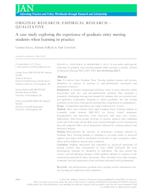 A case study exploring the experience of graduate entry nursing students when learning in practice Thumbnail