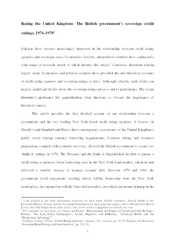 Rating the UK: the British government's sovereign credit ratings, 1976–8 Thumbnail