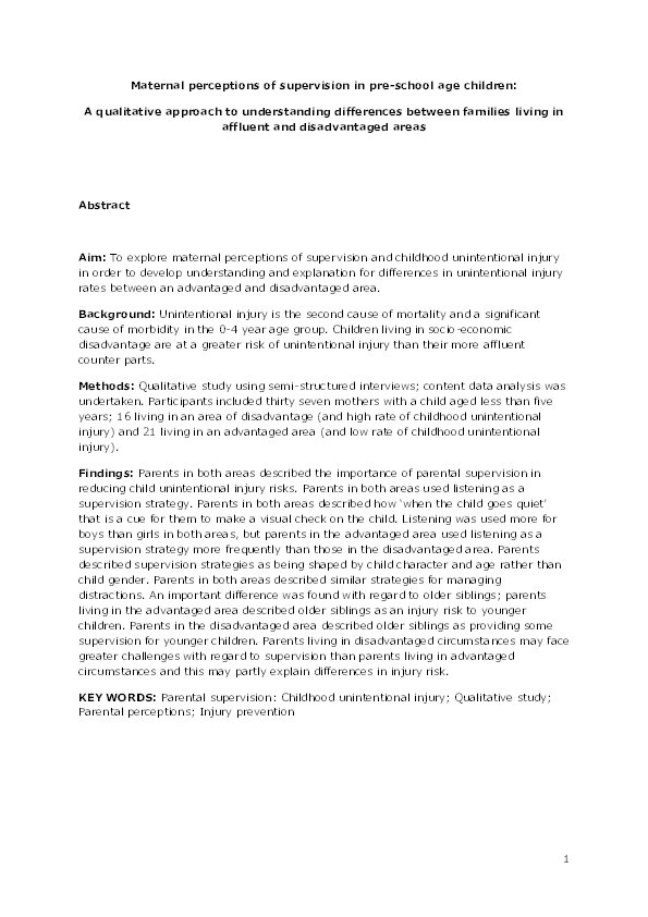 Maternal perceptions of supervision in preschool-aged children: a qualitative approach to understanding differences between families living in affluent and disadvantaged areas Thumbnail