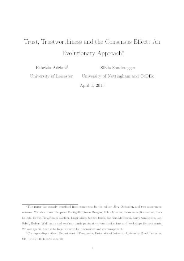 Trust, trustworthiness and the consensus effect: an evolutionary approach Thumbnail