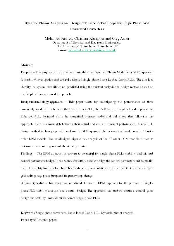 Dynamic phasor analysis and design of phase-locked loops for single phase grid connected converters Thumbnail