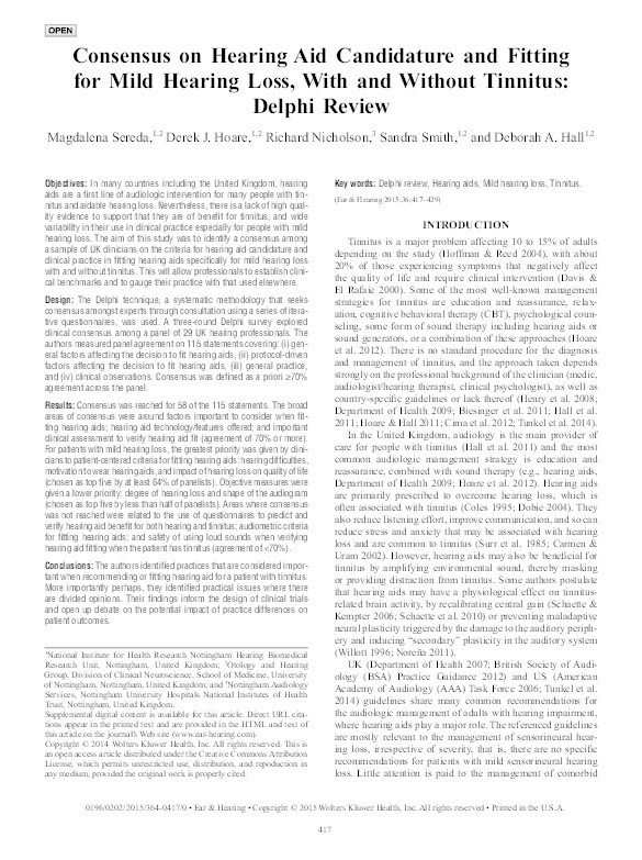 Consensus on hearing aid candidature and fitting for mild hearing loss, with and without tinnitus: Delphi review Thumbnail