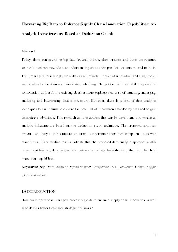 Harvesting big data to enhance supply chain innovation capabilities: an analytic infrastructure based on deduction graph Thumbnail