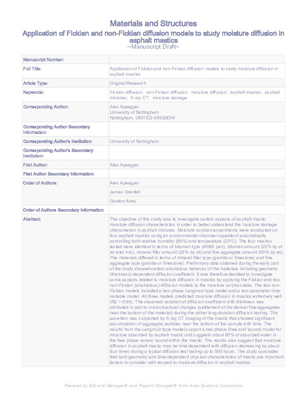 Application of Fickian and non-Fickian diffusion models to study moisture diffusion in asphalt mastics Thumbnail