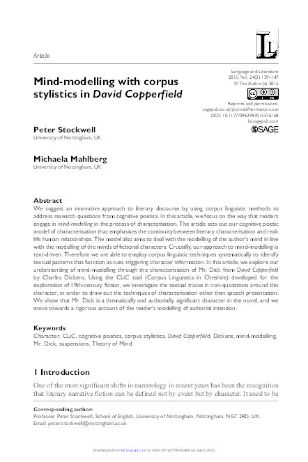 Mind-modelling with corpus stylistics in David Copperfield Thumbnail